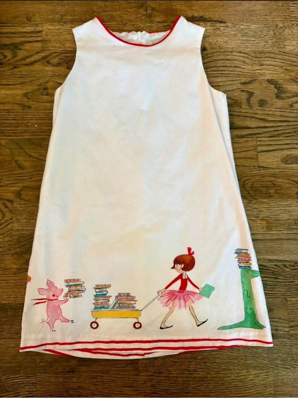Kids White Dress with Red Trim and Bookprint - Charming Storytime Design